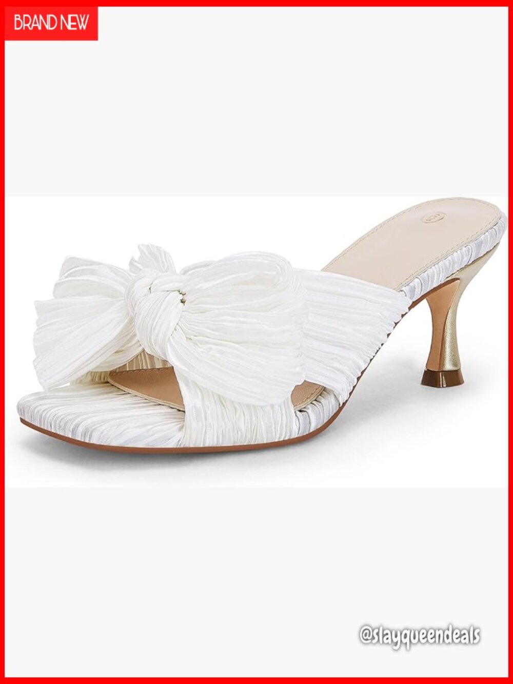 Womens Bow Heeled Sandals Pleated Kitten Heel Mules Slip On Dress Shoes